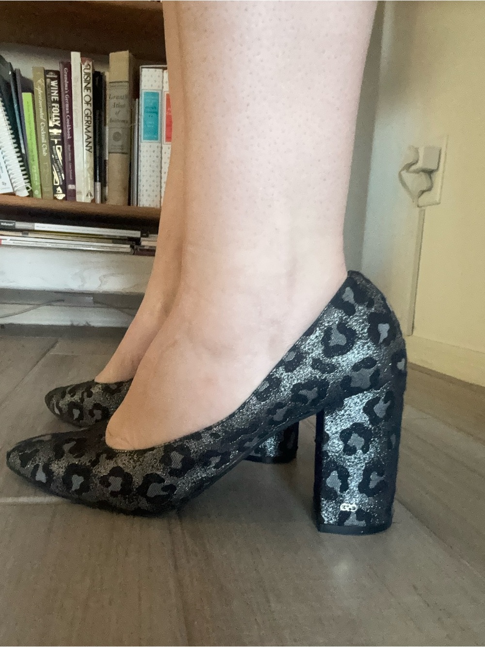 Cole Haan Black Glitter Leopard Block Heel Pumps